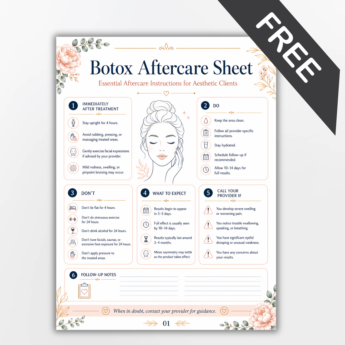 Free Botox & Dermal Filler Aftercare Sheets Template | Aesthetic Injector Client Care Instructions | Editable Beauty Treatment Forms
