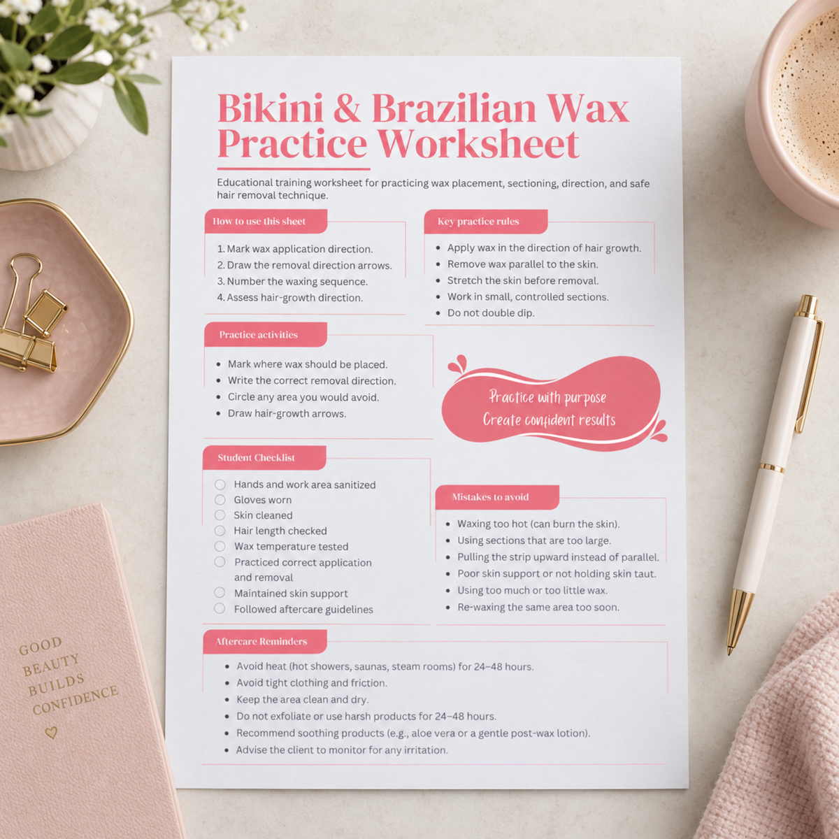 Brazilian Wax Training PDF | Bikini Wax Practice Sheet | Esthetics Workbook for Waxing Students | Hair Removal Training Printable