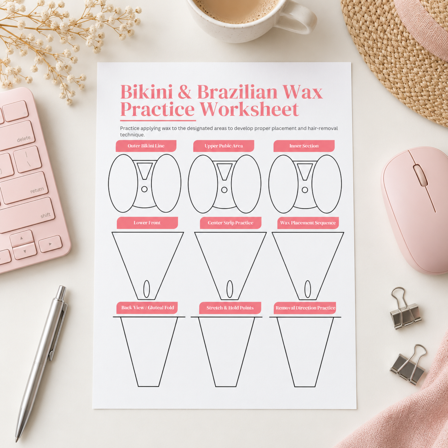 Brazilian Wax Training PDF | Bikini Wax Practice Sheet | Esthetics Workbook for Waxing Students | Hair Removal Training Printable