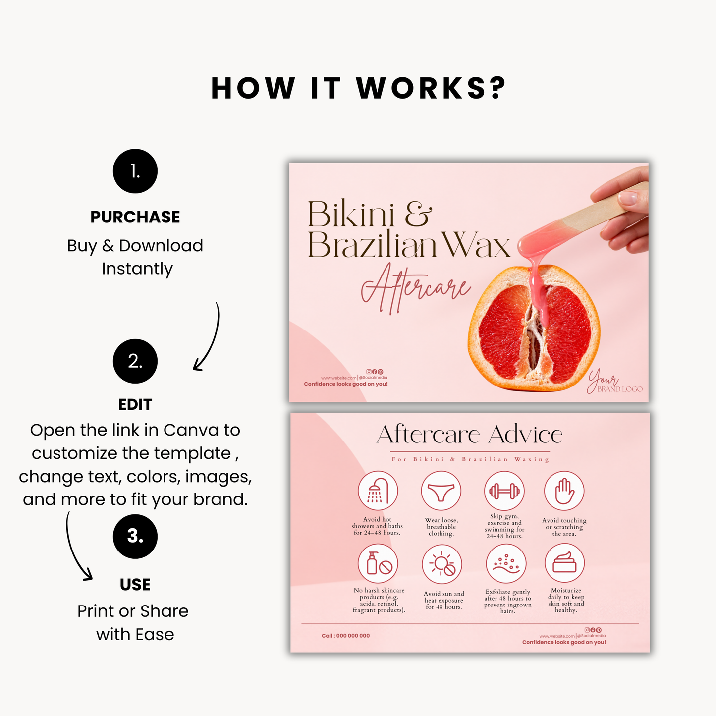 Brazilian Wax Aftercare Card Template, Bikini Wax Aftercare Instructions, Editable Canva Template, Esthetician Client Card, Spa Card