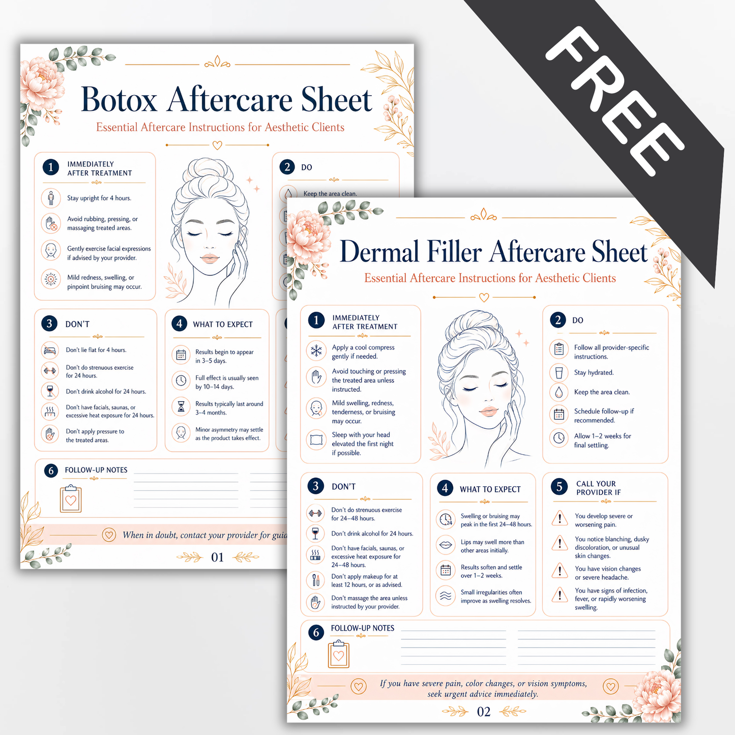 Free Botox & Dermal Filler Aftercare Sheets Template | Aesthetic Injector Client Care Instructions | Editable Beauty Treatment Forms