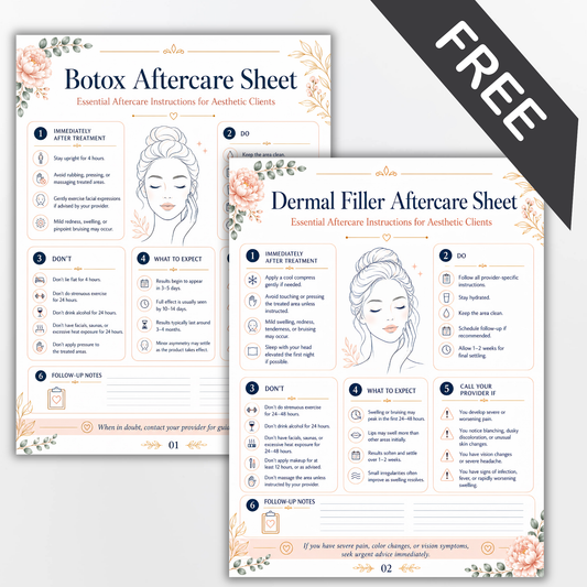Free Botox & Dermal Filler Aftercare Sheets Template | Aesthetic Injector Client Care Instructions | Editable Beauty Treatment Forms