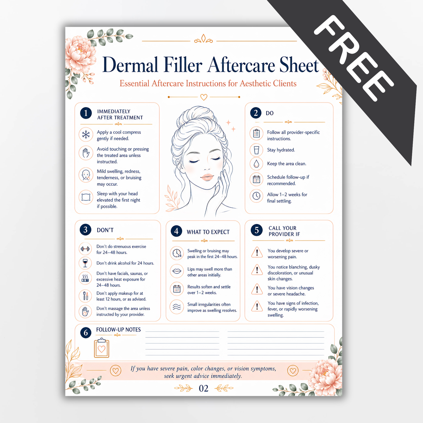 Free Botox & Dermal Filler Aftercare Sheets Template | Aesthetic Injector Client Care Instructions | Editable Beauty Treatment Forms