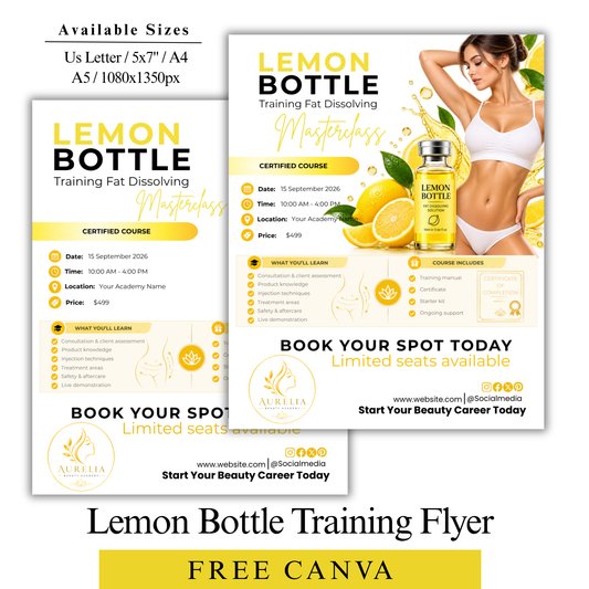 Lemon Bottle Training Flyer Template, Fat Dissolving Masterclass, Editable Canva Med Spa Aesthetic Training Course Flyer, Beauty Academy