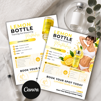 Lemon Bottle Training Flyer Template, Fat Dissolving Masterclass, Editable Canva Med Spa Aesthetic Training Course Flyer, Beauty Academy