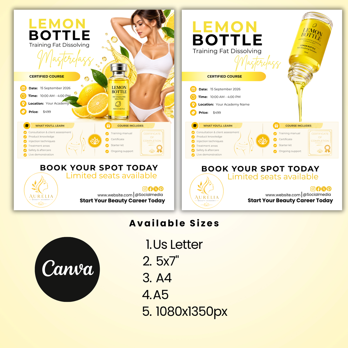 Lemon Bottle Training Flyer Template, Fat Dissolving Masterclass, Editable Canva Med Spa Aesthetic Training Course Flyer, Beauty Academy