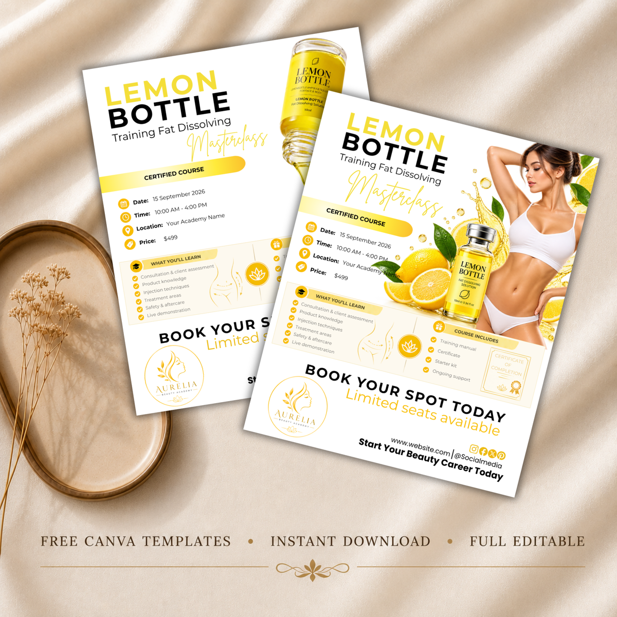 Lemon Bottle Training Flyer Template, Fat Dissolving Masterclass, Editable Canva Med Spa Aesthetic Training Course Flyer, Beauty Academy