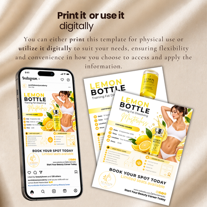 Lemon Bottle Training Flyer Template, Fat Dissolving Masterclass, Editable Canva Med Spa Aesthetic Training Course Flyer, Beauty Academy