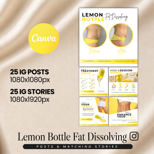 Lemon Bottle Fat Dissolving Instagram Templates, 50 Canva Social Media Posts & Stories, Aesthetic Med Spa Marketing Templates