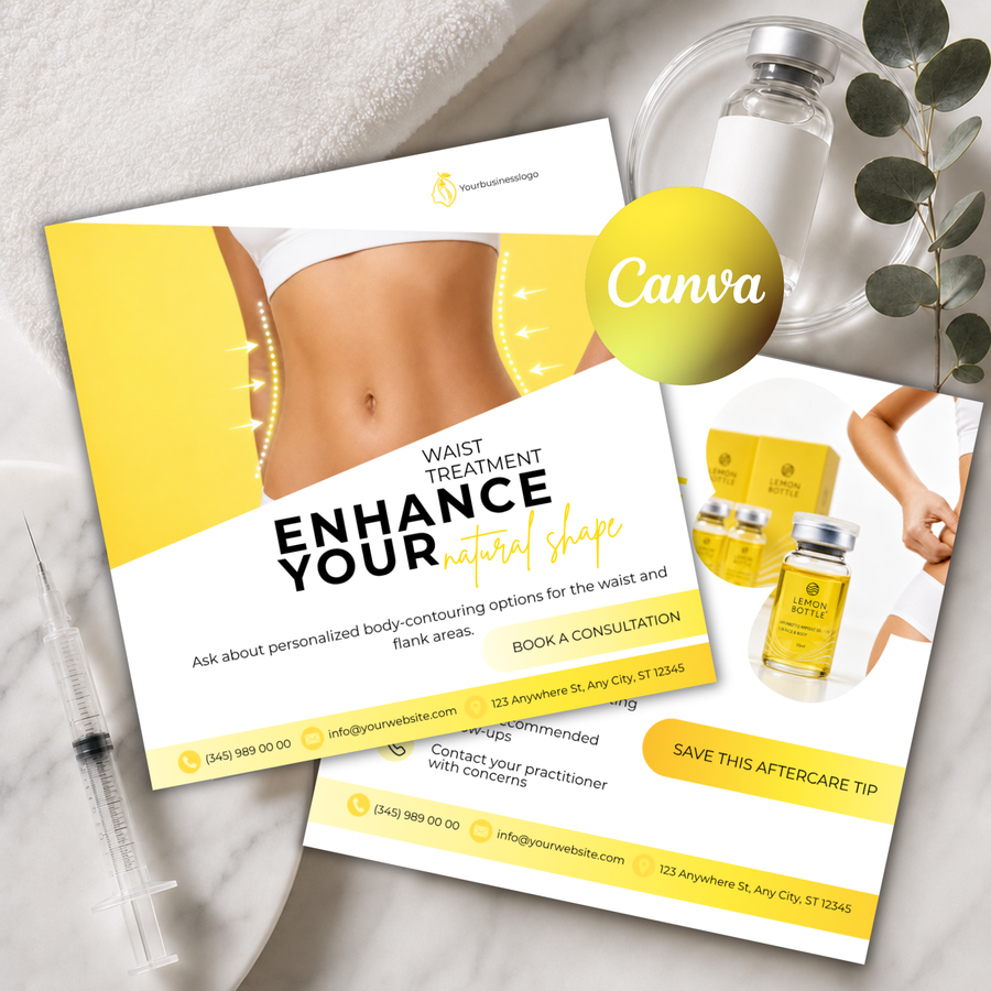 Lemon Bottle Fat Dissolving Instagram Templates, 50 Canva Social Media Posts & Stories, Aesthetic Med Spa Marketing Templates