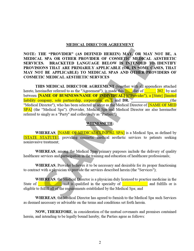 Medical SPA Director Contract Template MedSPA Downloads
